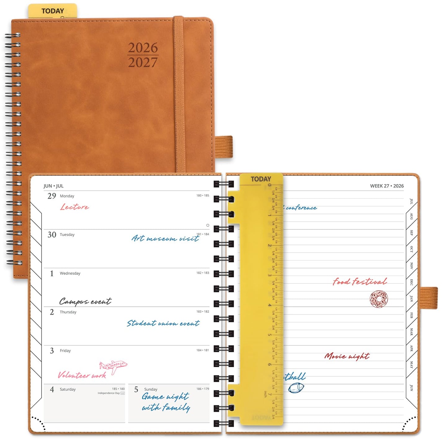 POPRUN Weekly Planner 2026-2027, 6.5" x 8.5", (July 26-June 27) Academic Weekly and Monthly Planner, Calendar Notebook 2026-2027 Agenda for School, College, Spiral Leather Softcover - Brown