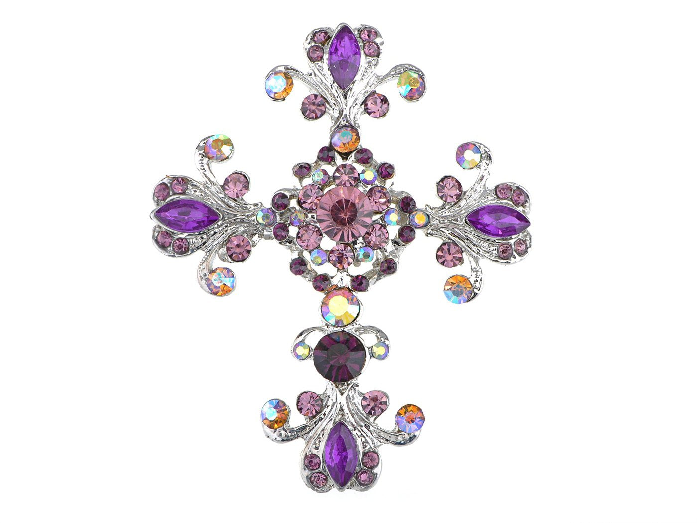 Alilang Silvery Tone Victorian Inspired Flourish Flower Clear Crystal Rhinestone God Cross Pin Brooch Purple