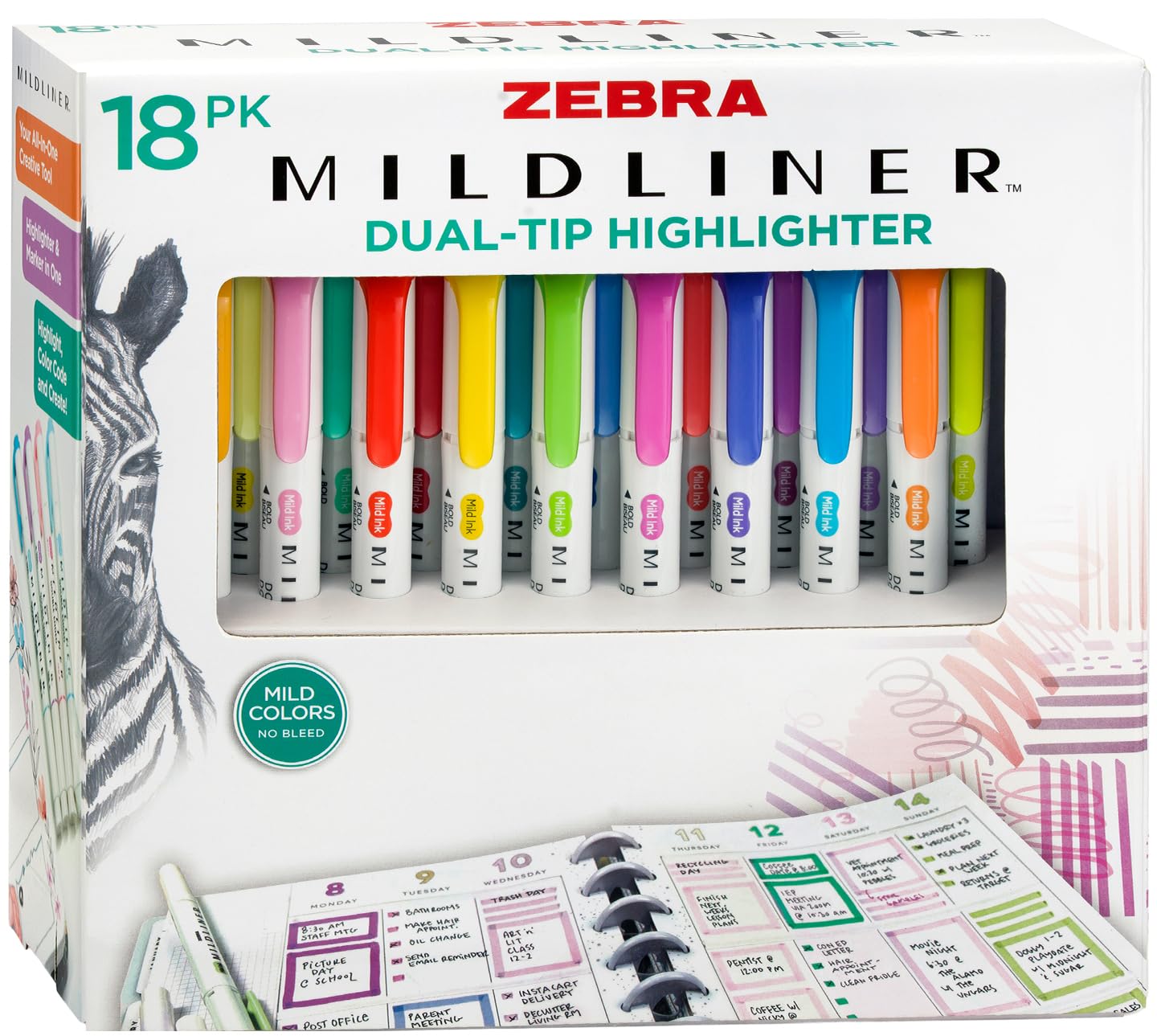 Zebra Pen Mildliner Double-Ended Highlighter Set, Broad and Fine Point Tips, Ideal for Bible Highlighting, No Bleed, 18 Pastel and Neutral ink Colors, Pack of 18
