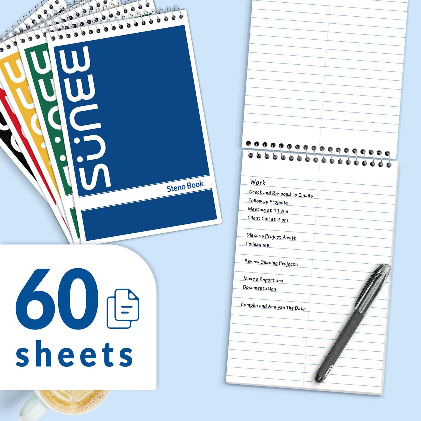 SUNEE 10 Pack Steno Pads 6x9, Gregg Rule, 60 Sheets, Spiral Notebook 6x9, White Paper, Take Notes with Top Spiral Notebook, for School, University, College, Work, Office, Classic Color