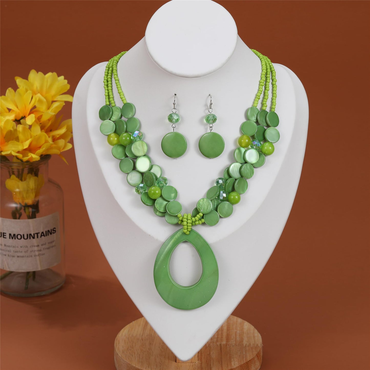 Aenu Multi-Strand Beaded Necklace with Teardrop Pendant Colorful Beads Statement Jewelry Set for Women (Green)