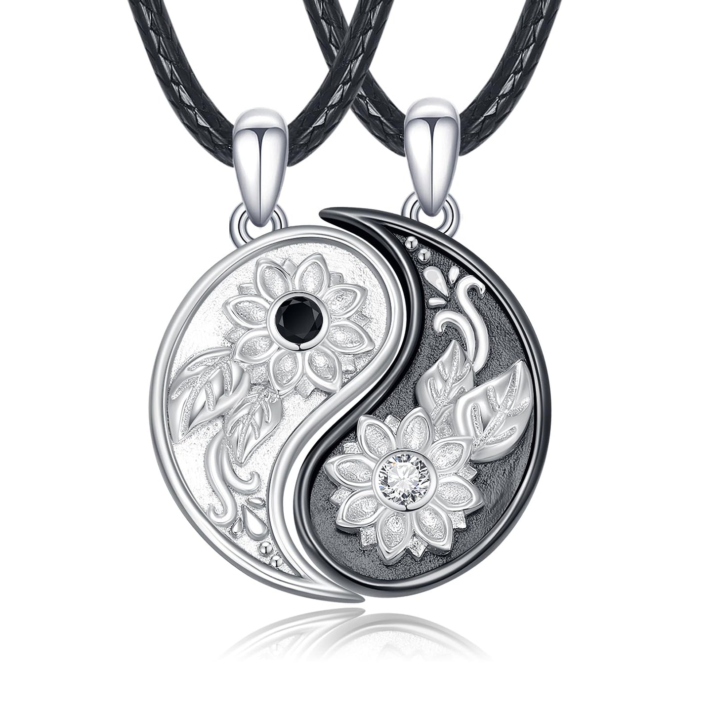 OHAYOO Yin Yang Couples Necklace, 925 Sterling Silver Sunflower Pendant, Yin Yang Couples Matching Necklace, Natural Jewelry for Women Men