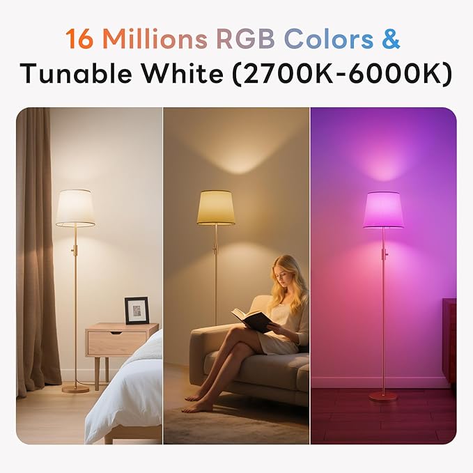Smart Floor Lamp with RGBCW Color Change Bulb, Compatible with Alexa, Siri, Google Voice & App Control, Standing Lamp with Linen Shade, Tall Lamp for Living Room, Bedroom, Office,Gold