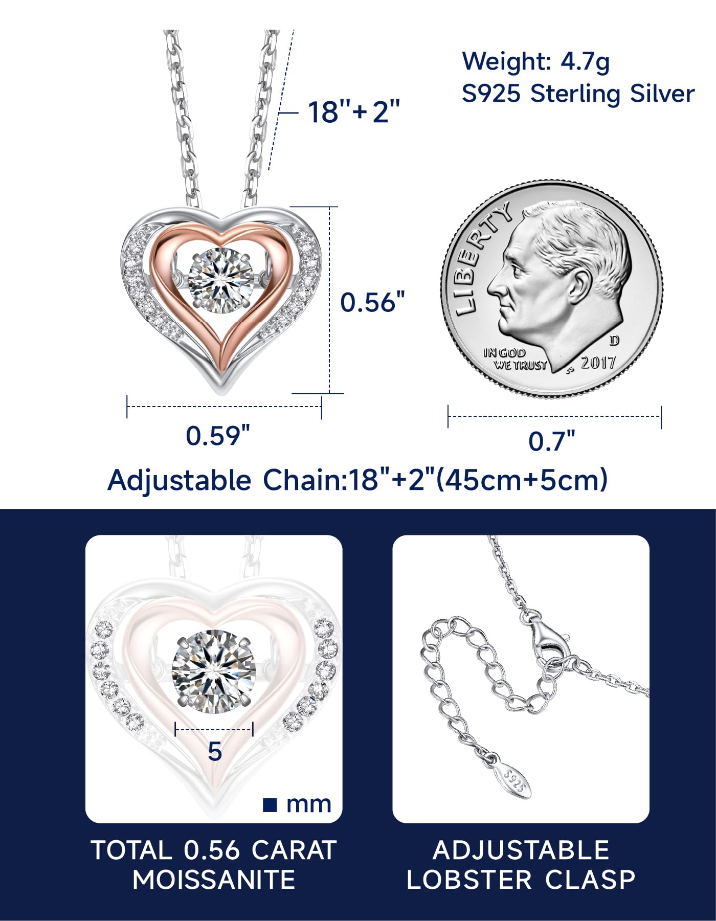 MomentWish Dancing Diamond Heart Necklace for Women 0.5 Carat D Color VVS1 Moissanite Lab Created Diamond Necklace Sterling Silver Jewelry Happy Anniversary