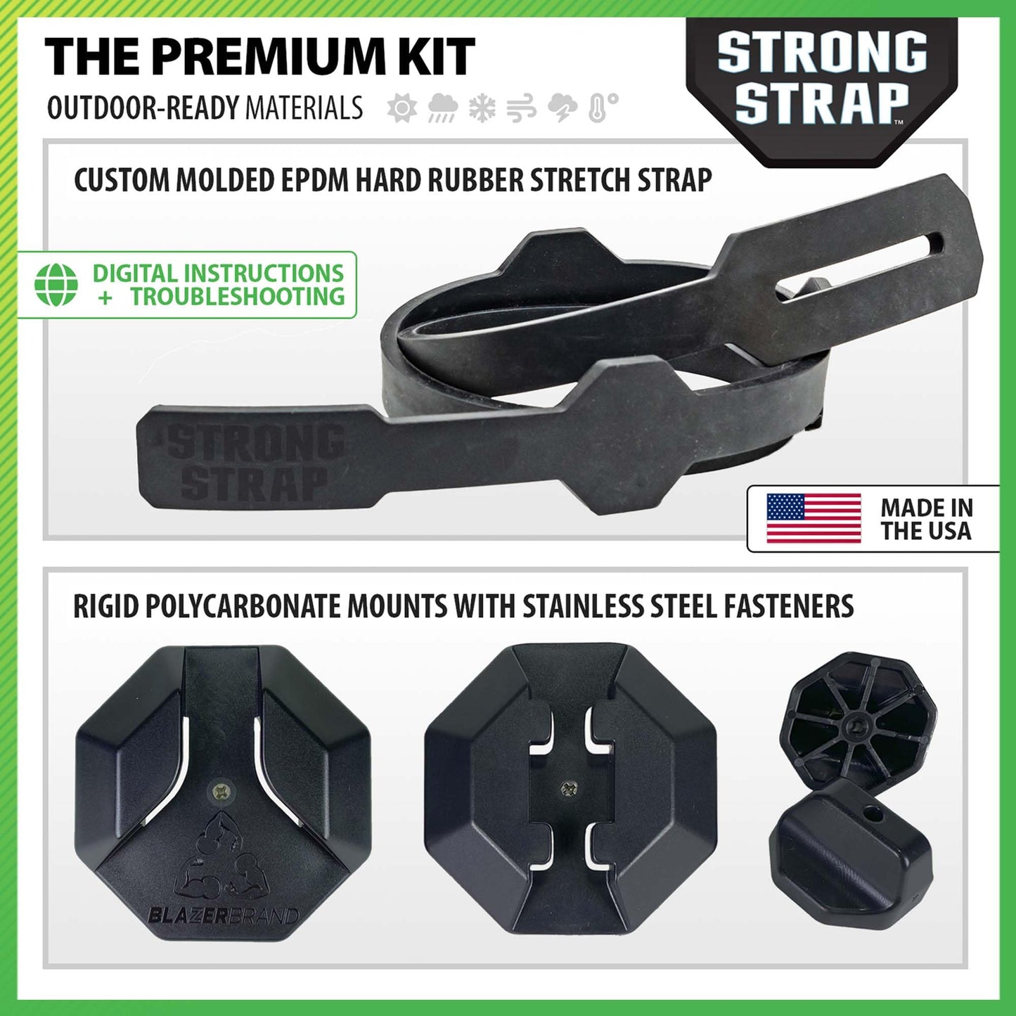 Blazer Brand Strong Strap Lid Lock for 32–96 Gallon Garbage Cans (1 Starter Kit) Long Lasting, No Tools Required, Stretch to Latch, Mitigate Pests, Wind, Overflow, and Spillage