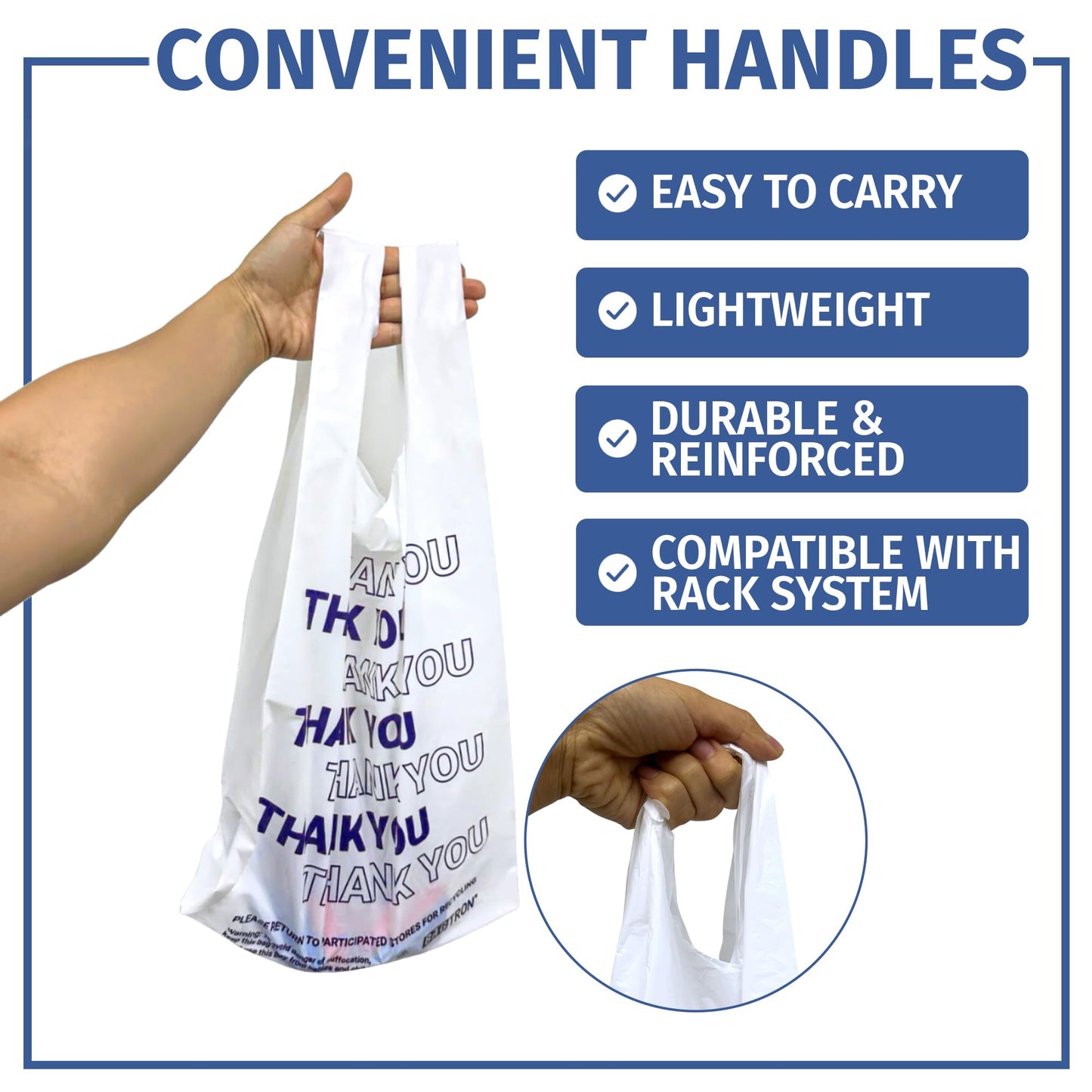 Bagtron Thank You T-Shirt Carry-Out Bags, Disposable Plastic Bags with Handles for Shopping and Restaurant, 1/5 Barrel, 0.75 Mils, White/Blue, 13" x 8" x 23" Large, 500 Count