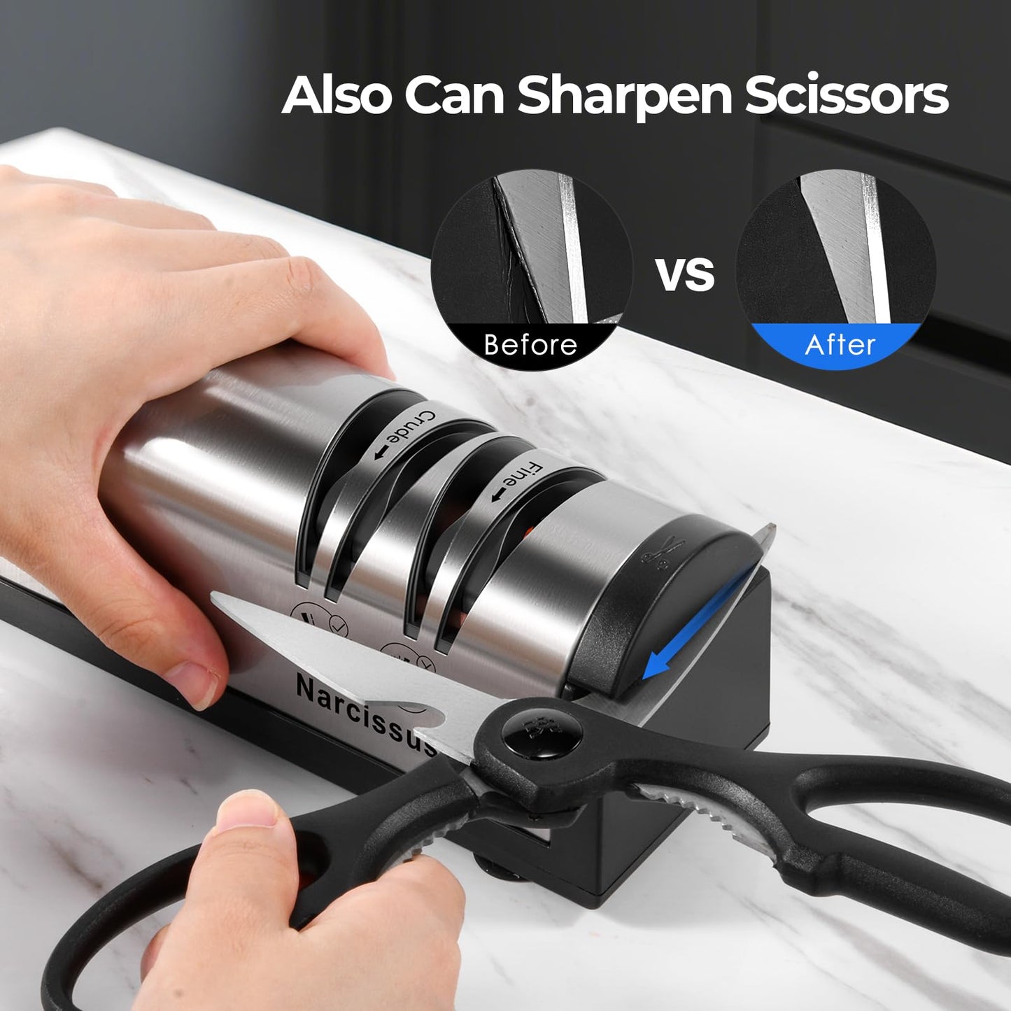 Narcissus Knife Sharpener, Professional 2 Stage Electric Knife Sharpener for Quick Sharpening & Polishing, with Scissors Sharpener and Metal Dust Collection Box, Stainless Steel, Silver
