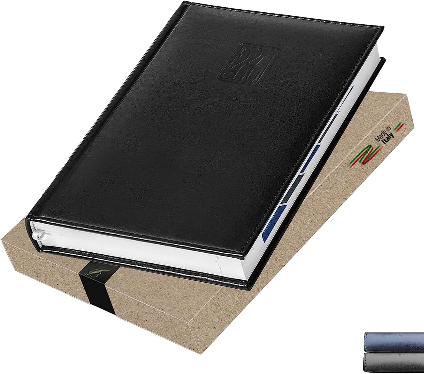 Leather Executive Daily Planner 2026 – A5-Compatible (8.3 x 5.9 in), One Page per Day Hourly Business Agenda, 416 Pages, Monthly Tabs, Hardcover – Made in Italy (BLACK 2026)
