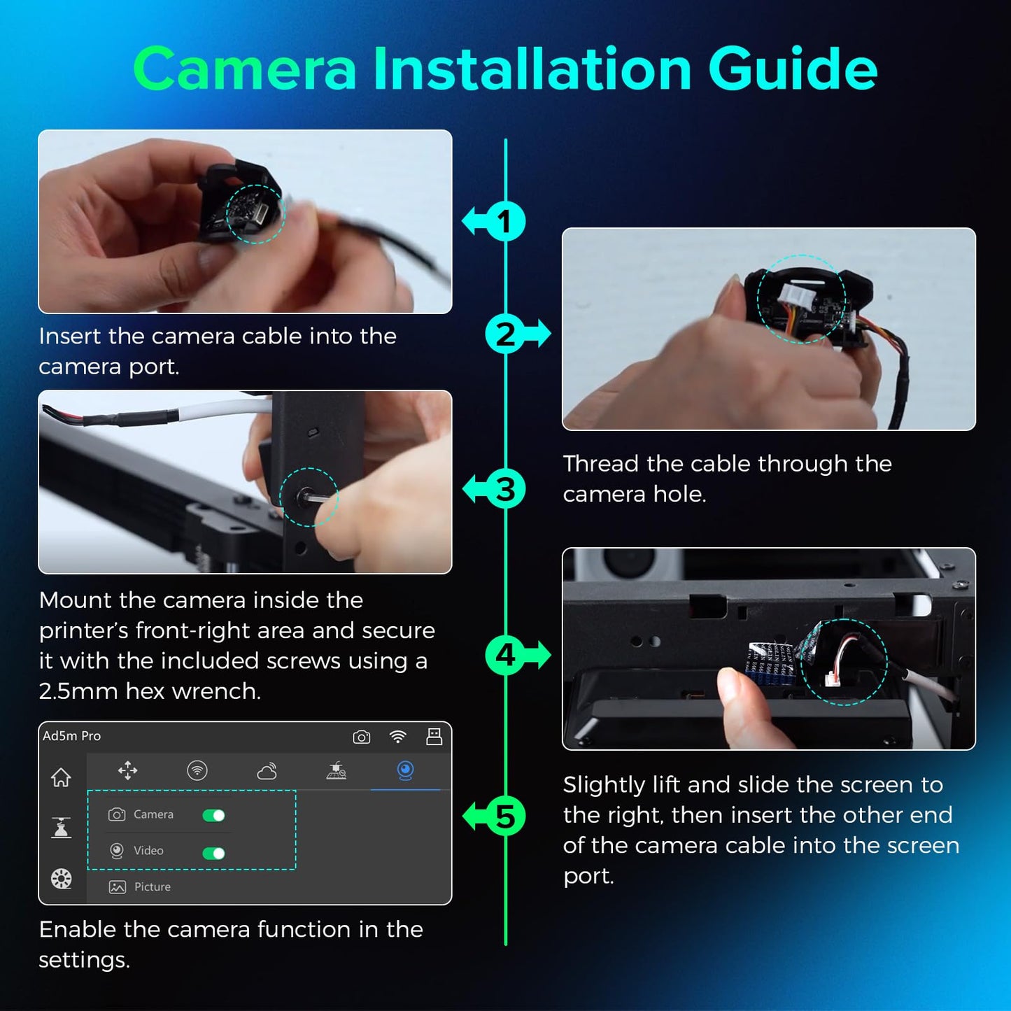 FLASHFORGE Camera Kit for Adventurer 5M/Pro/AD5X 3D Printer, Real-time and Remote Monitoring, Compatible with Flash Maker App, 3D Printer Parts for AD5M/AD5M PRO/AD5X