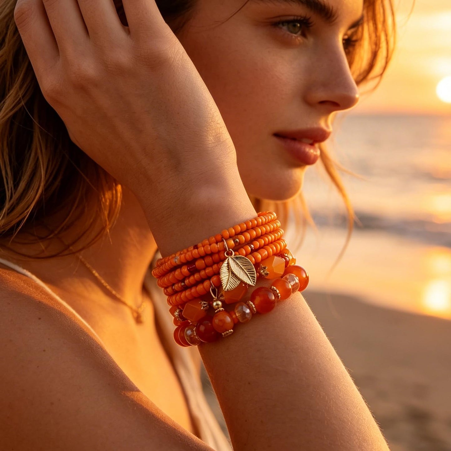Briutn Bohemian Orange Stackable Beaded Bracelet Set for Women Stretch Bead Bracelets Orange Jewelry Summer Beach Accessories
