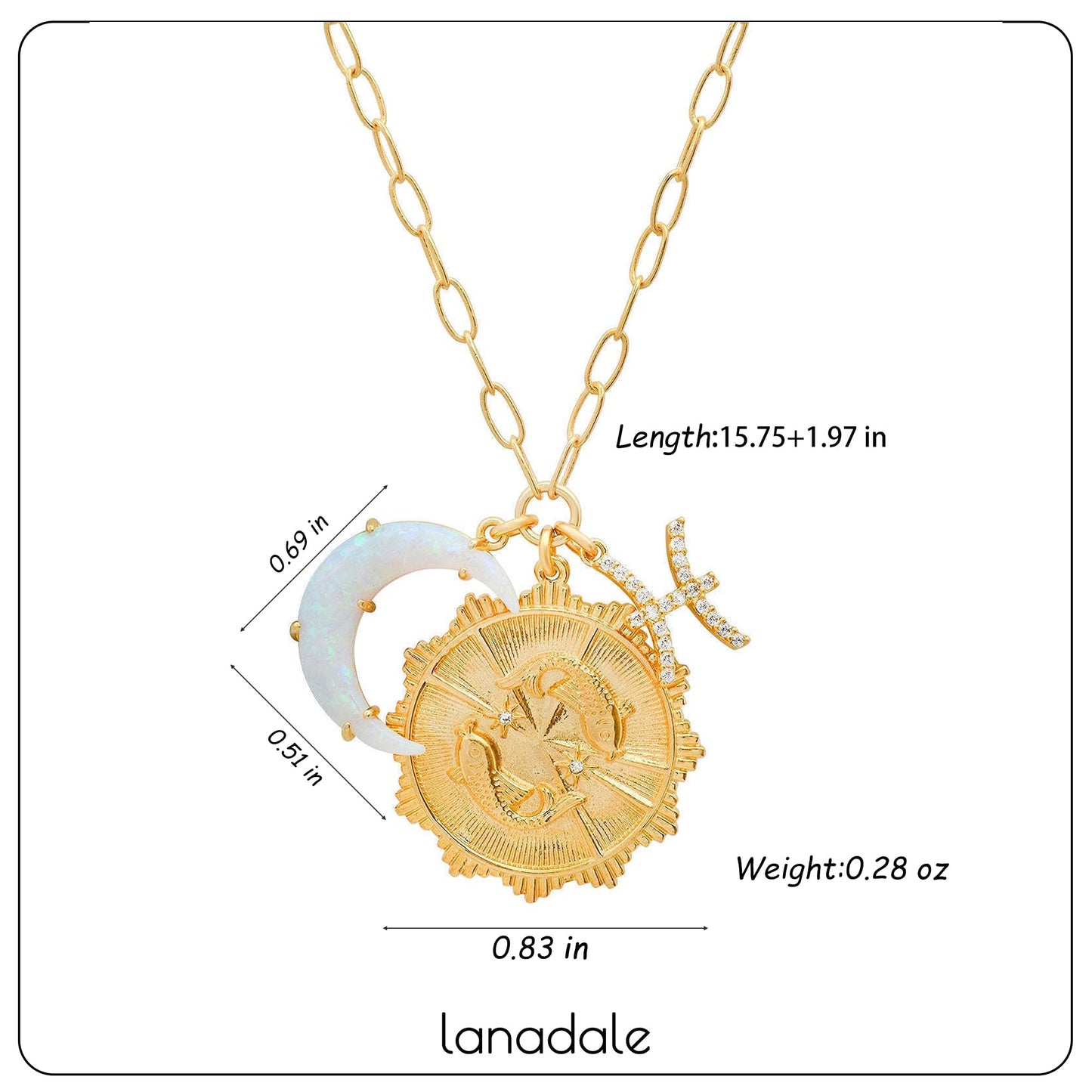 Lanadale Dainty Gold Pisces Zodiac Coin Opal Crescent Moon Charm Necklace for Women Trendy 18K Gold Plated Retro Paperclip Chain 12 Constellation Horoscope Necklaces Astrology Jewelry Gifts