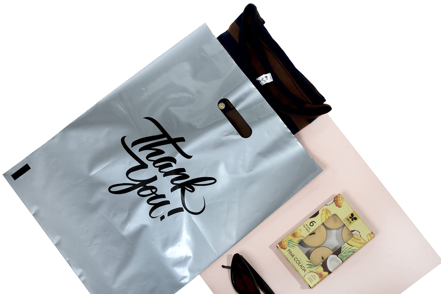 Infinite Pack Silver 16"x18"(500pcs) Thank You plastic Merchandise Bags Die-Cut Handles, Perfect for Retail Shopping, Boutiques, Goodie bags, and Gift Packaging & Favors, 1.75MIL Reusable Plastic Bag
