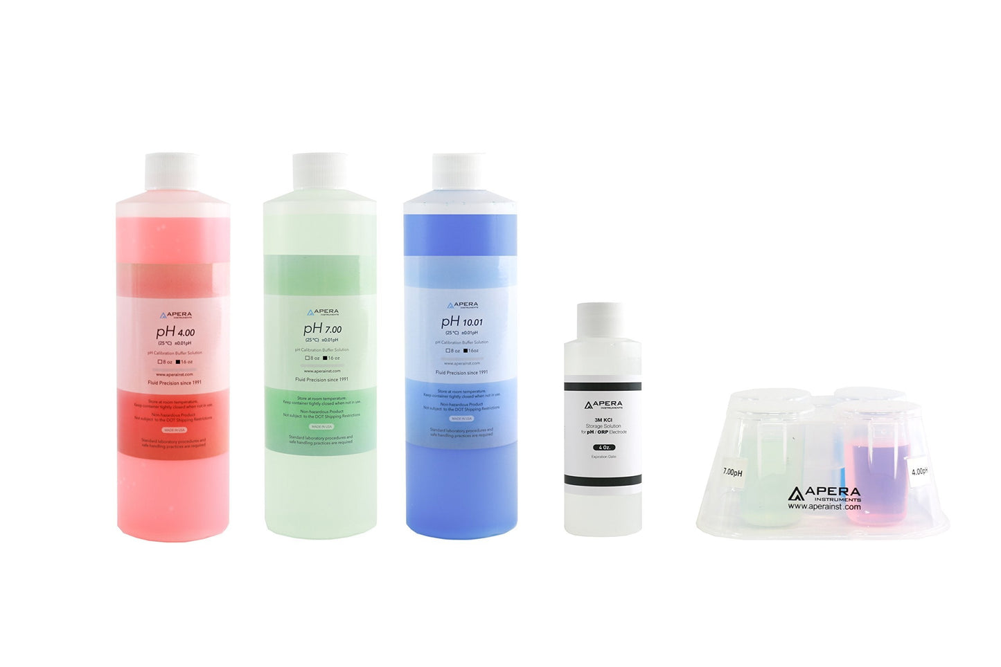 Apera Instruments, LLC-AI1104 16oz. pH Calibration Buffer Solution Kit (pH 4.00, 7.00 & 10.01), plus 3M KCL Storage Solution and CalBox
