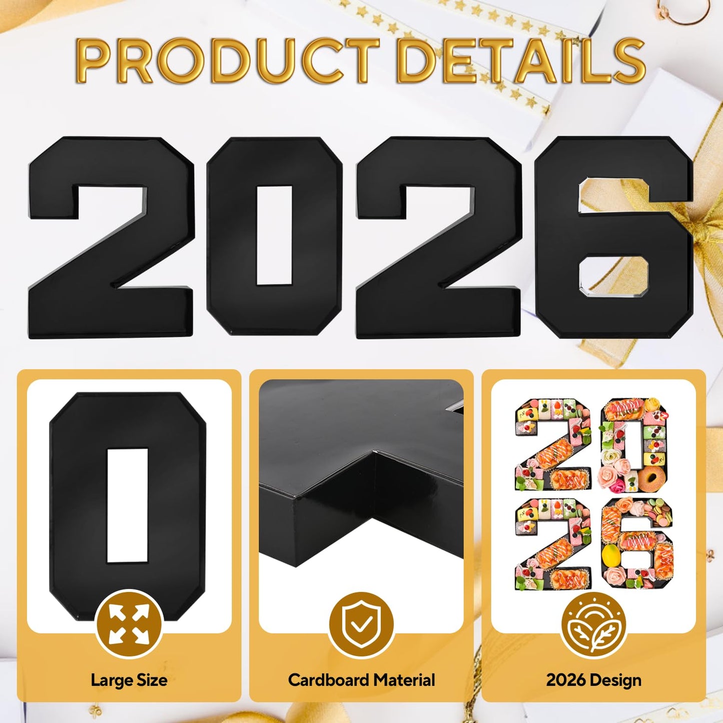 Datyiiha 2026 Set Cardboard Number for Charcuterie 10.2'' Black Fillable Tray Charcuterie Paper Box for Graduation Anniversary Birthday New Year Party Decorations Chocolate Cookies Goodie Cupcake Box