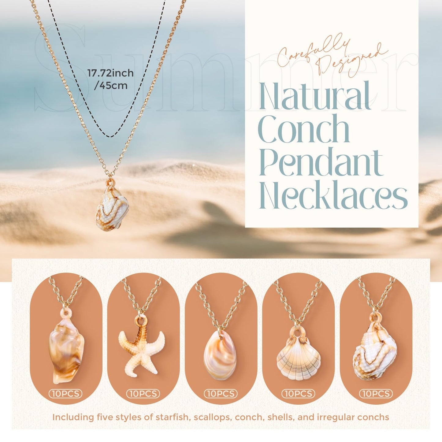 Tondiamo 50 Pack Seashell Necklace Bulk for Women Natural Ocean Themed Jewelry Adjustable Conch Scallop Pendant Necklace for Summer(5 styles)
