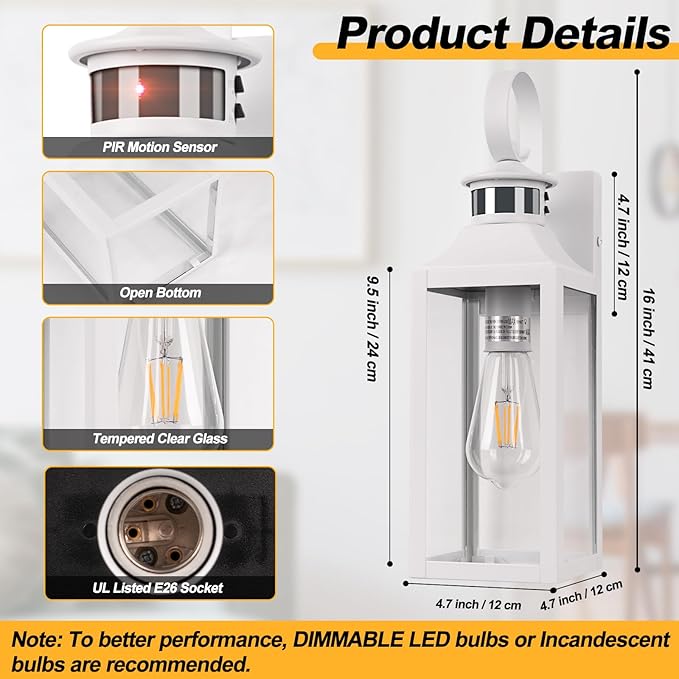 16" Motion Sensor Outdoor Wall Lights 2 Pack - White Dusk to Dawn Outdoor Lighting Wall Mount, Modern Exterior Light Fixtures, Waterproof Outside Lamps for House, Garage