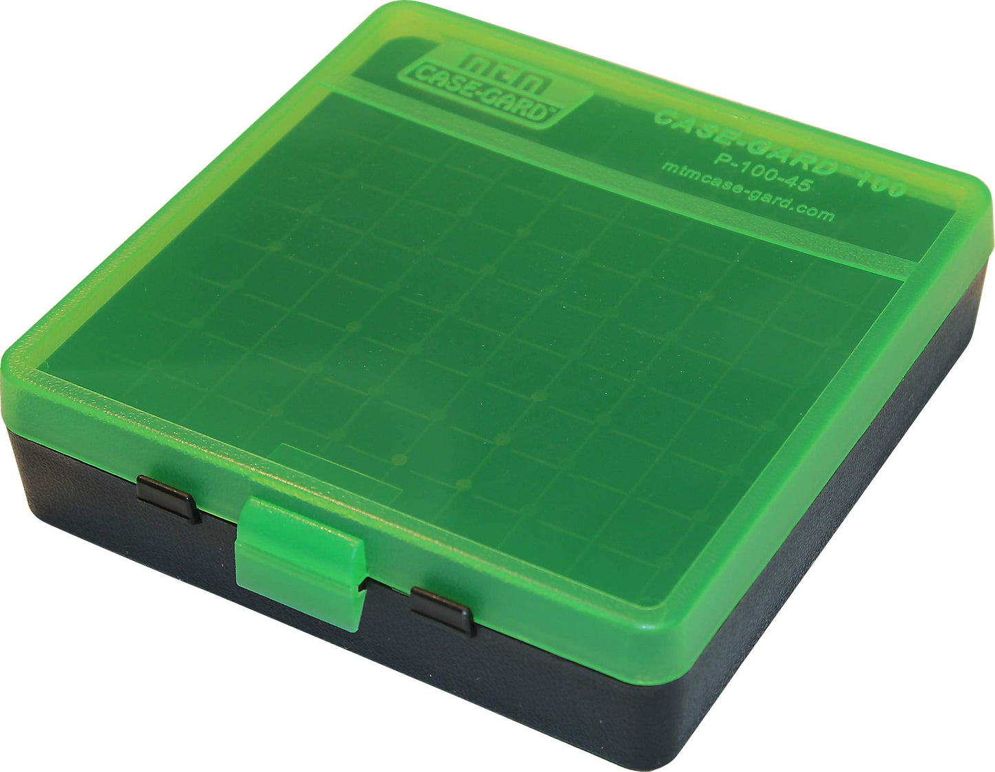MTM Case-Gard P-100-9-16T Ammo Box, 100 Round Flip-Top, Fits 9mm 380 ACP, Easy to Grip, Stackable, Snap Lock Latch, 4.75"x 5.13"x1.46", USA Made, Clear Green/Black