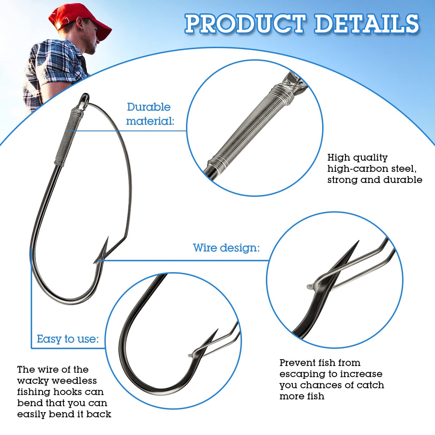 Sumind 50 Pcs Weedless Wacky Rig Hooks Bass Carbon Steel Fishing Hooks for Wacky Rigging Worm Lure Baits(1/0)