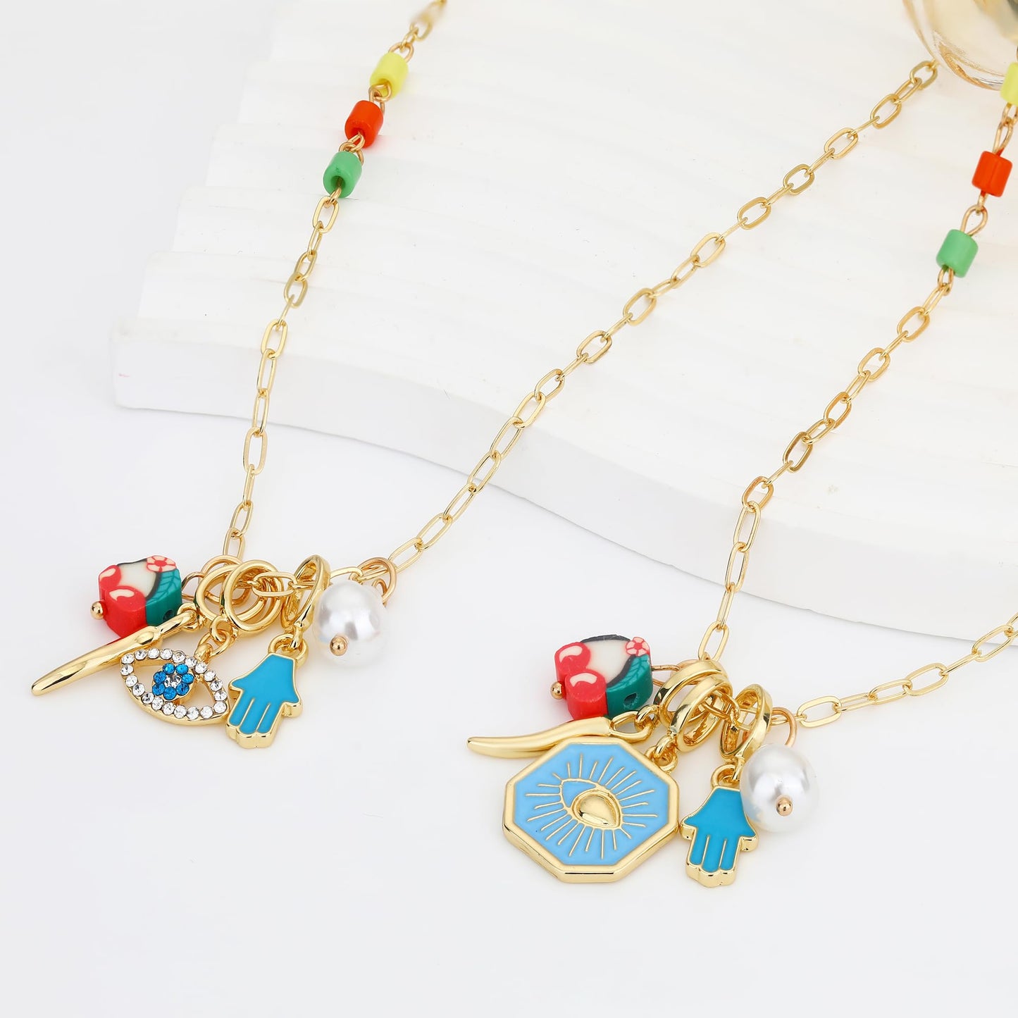 BONJOULRY Charm Necklace for Women Dainty Gold Evil Eye Pendant Protection Necklace Paperclip Chain Italian Horn Hamsa Hand Pearl Charms Necklaces Trendy Jewelry Blue