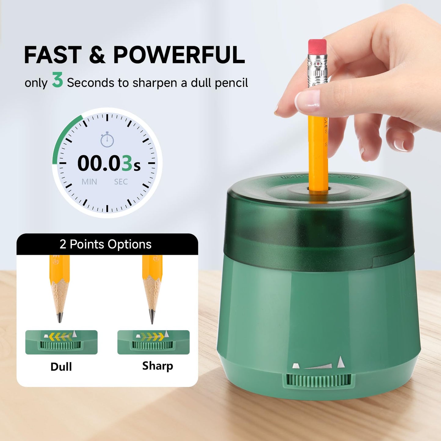 Electric Pencil Sharpener, Dual Power USB Battery Operated, Portable Design for 6-8mm Pencils, Home School Office Use (Green)