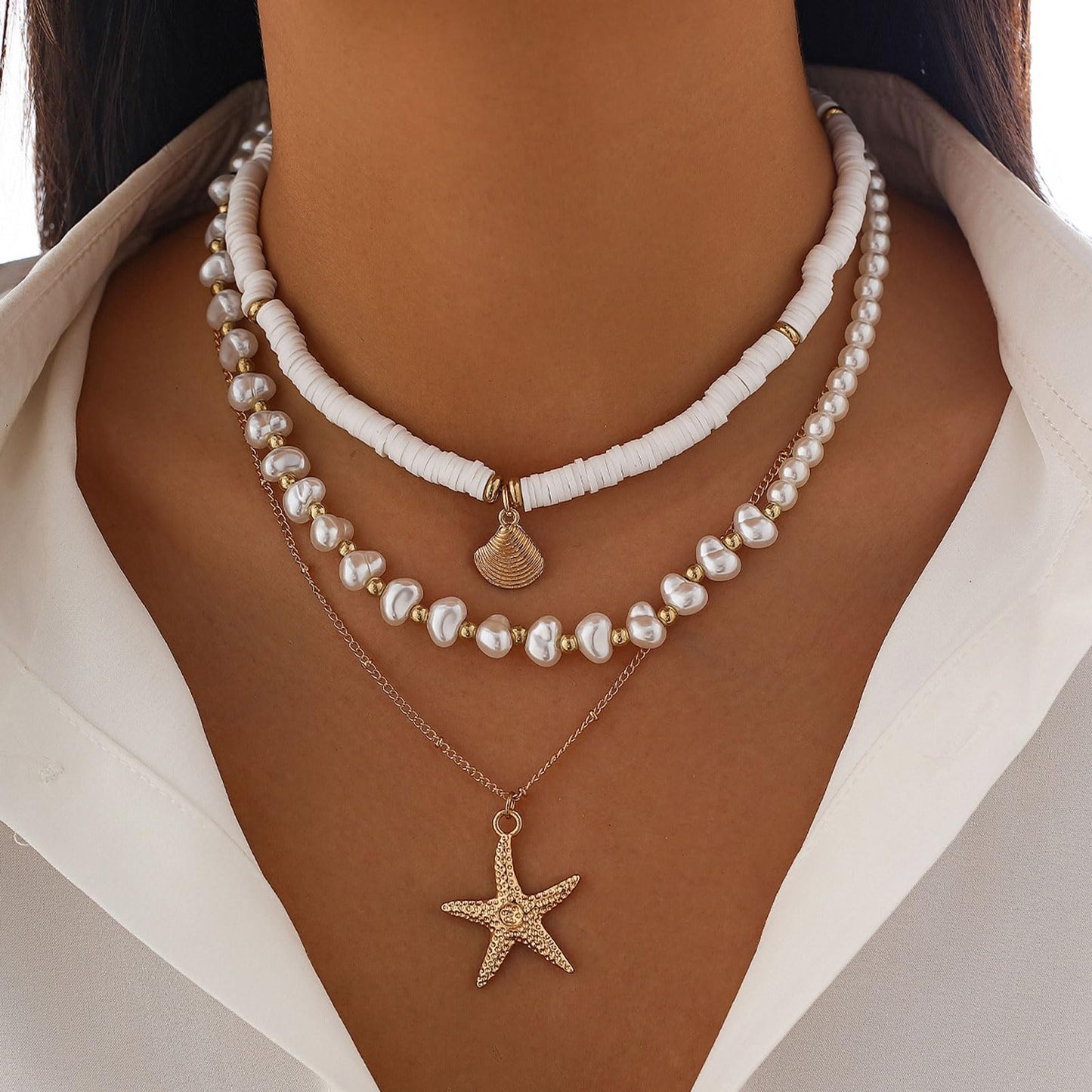 Frodete Starfish Necklace for Women Beach Necklaces Jewelry Layered Choker Drop Dangle Summer Vacation Outfits Theme Conch Seashell Accessories Ocean Pendant Dress Costume