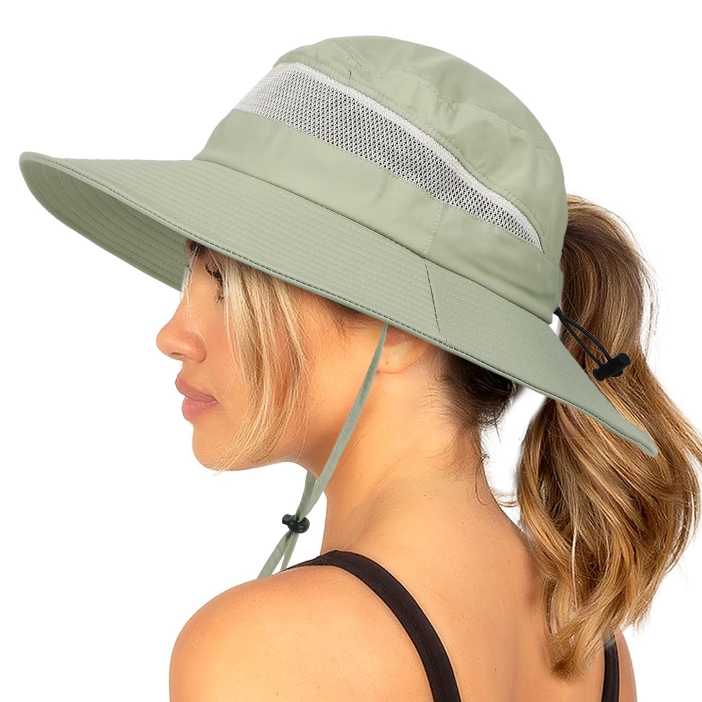 Bucket Sun Hat for Women Wide Brim Breathable Mesh UPF50+ Safari Hat Criss Cross Ponytail Hole Outdoor Rain Hat Pea Green