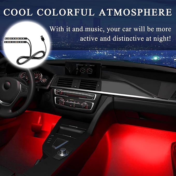 Car LED Strip Light, 12V 24 LEDs Auto Interior Atmosphere Lamp with USB Port, Vehicle Under Dash Ambient Neon Night Light Decorative Strip, Universal Car Accessories (Red)