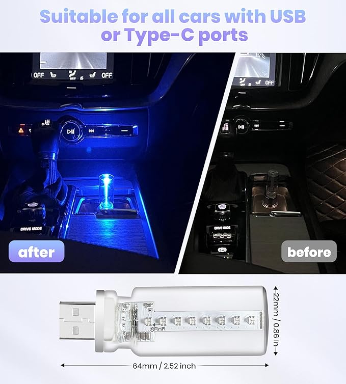 USB Car Interior LED Ambient Light – Touch Control Mood Light with 7 Color Modes, Dimmable LED Light Strip for Car, Nightstand, Camping, Party – Portable, Low Power(Clear LED)