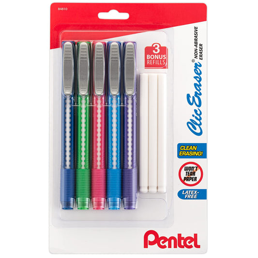 Pentel Clic Retractable Eraser, Assorted Colored Pen Style Grip Erasers, Pack of 5 + 3 Refills
