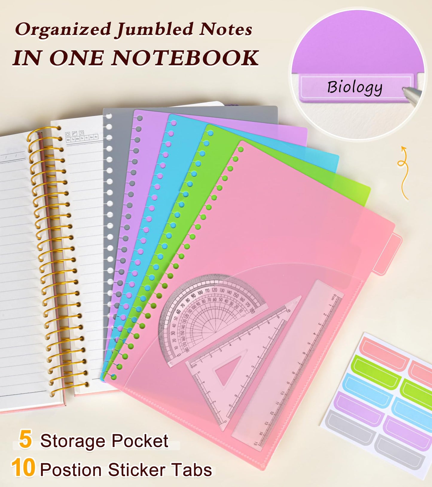 5 Subject Notebook College Ruled with Removable Pocket Dividers Tabs, 240 Pages Spiral Notebook 8.5 x 11, Lined Journal Notebook for Women , Hardcover Notebooks for Work School Note taking A4 Pink