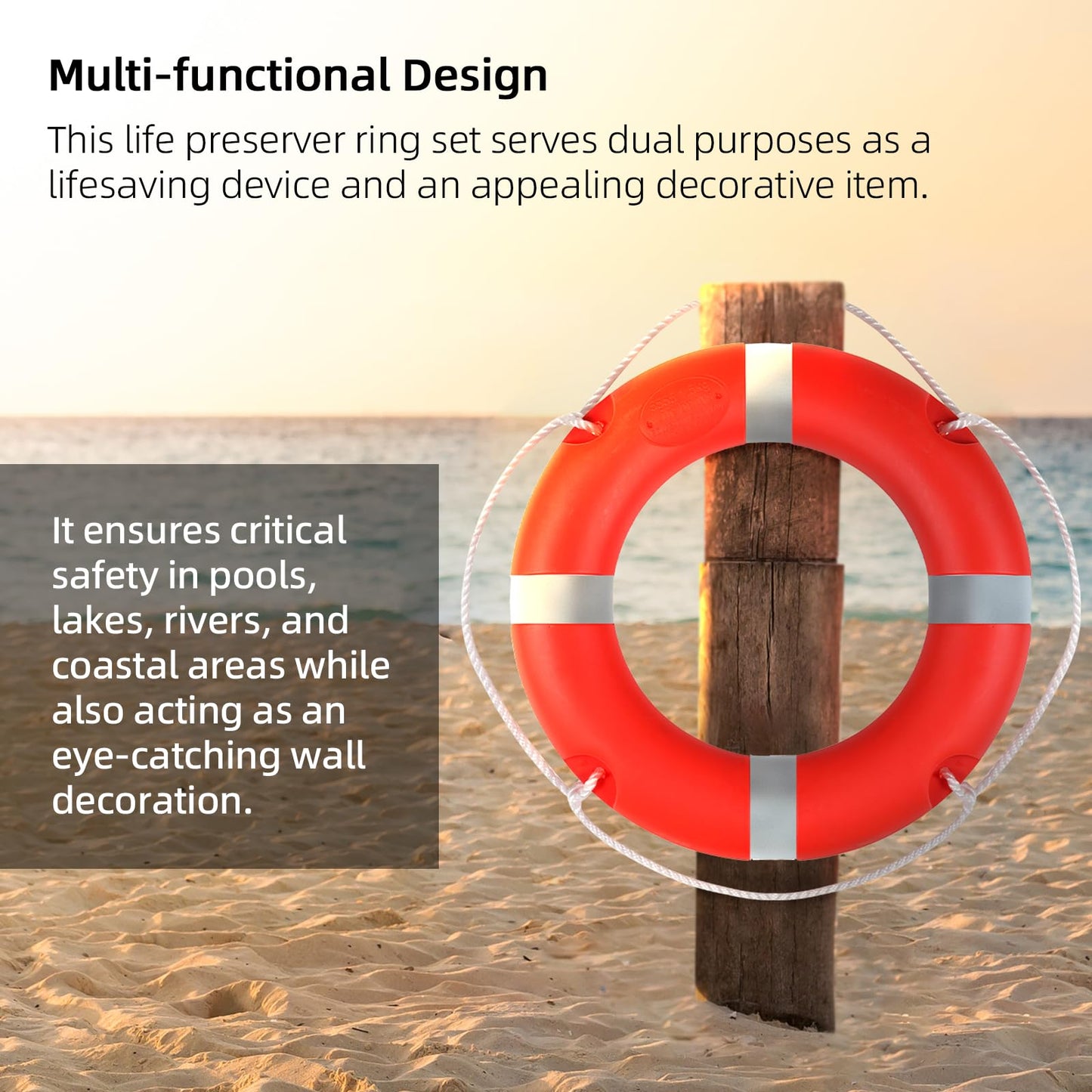 Calvana 28 Inch Life Ring Buoy with Grab Rope, Marine Throw Ring Lifebuoy for Boat Dock Pool Waterfront Safety, Closed-Cell Polyurethane Foam Core, High-Strength Polyethylene Shell, Red