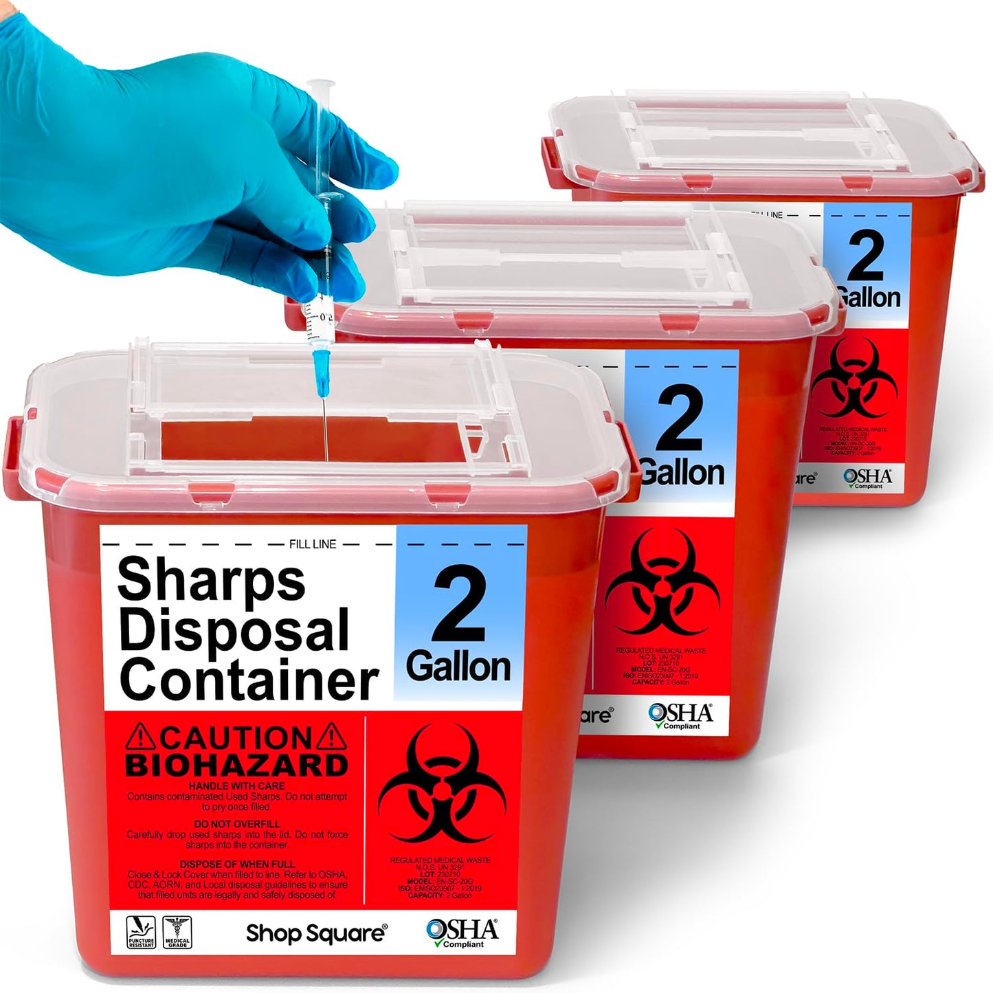 Sharps Containers for Home Use 2 Gallon (3-Pack) - Needle Disposal, Professional Grade Biohazard Containers