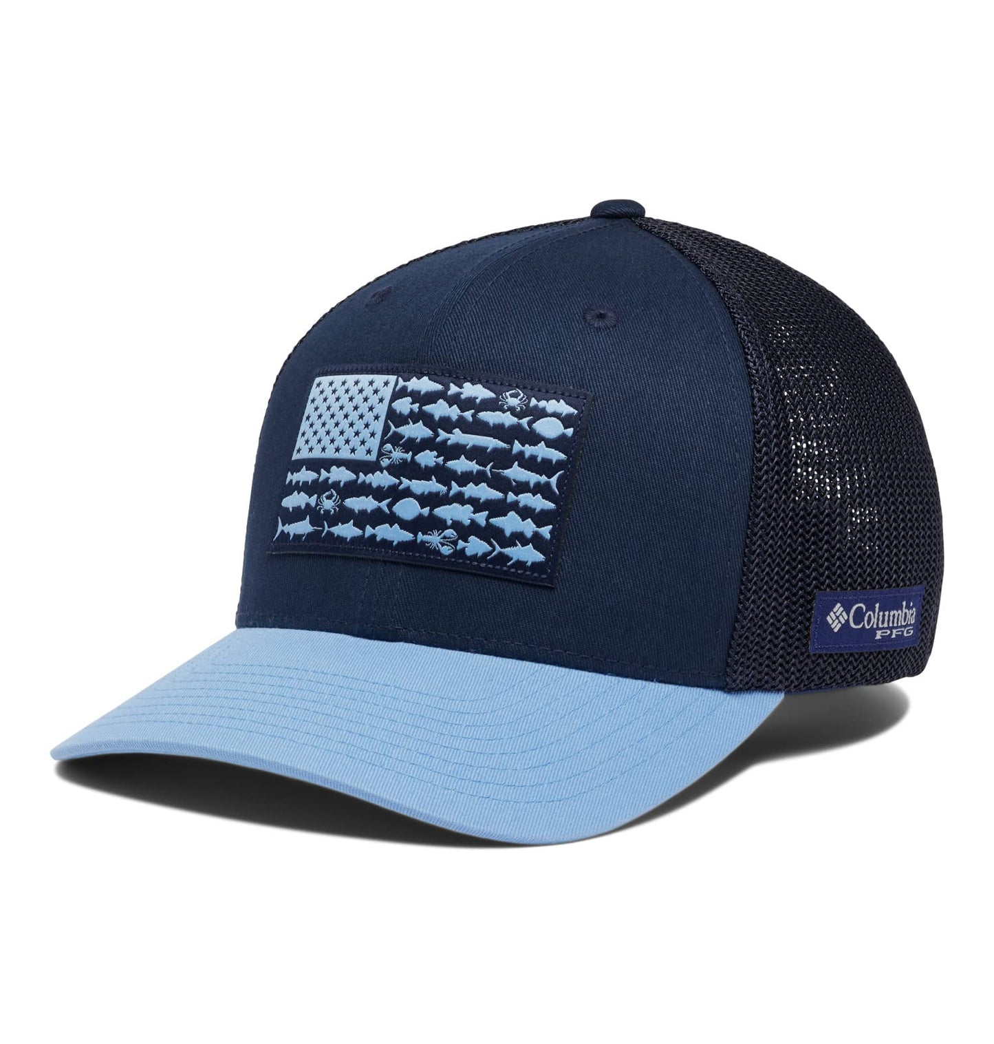 Columbia Unisex PFG Fish Flag Mesh Ball Cap - Low, Collegiate Navy/Agate Blue/Mid Atlantic Flag, Small/Medium