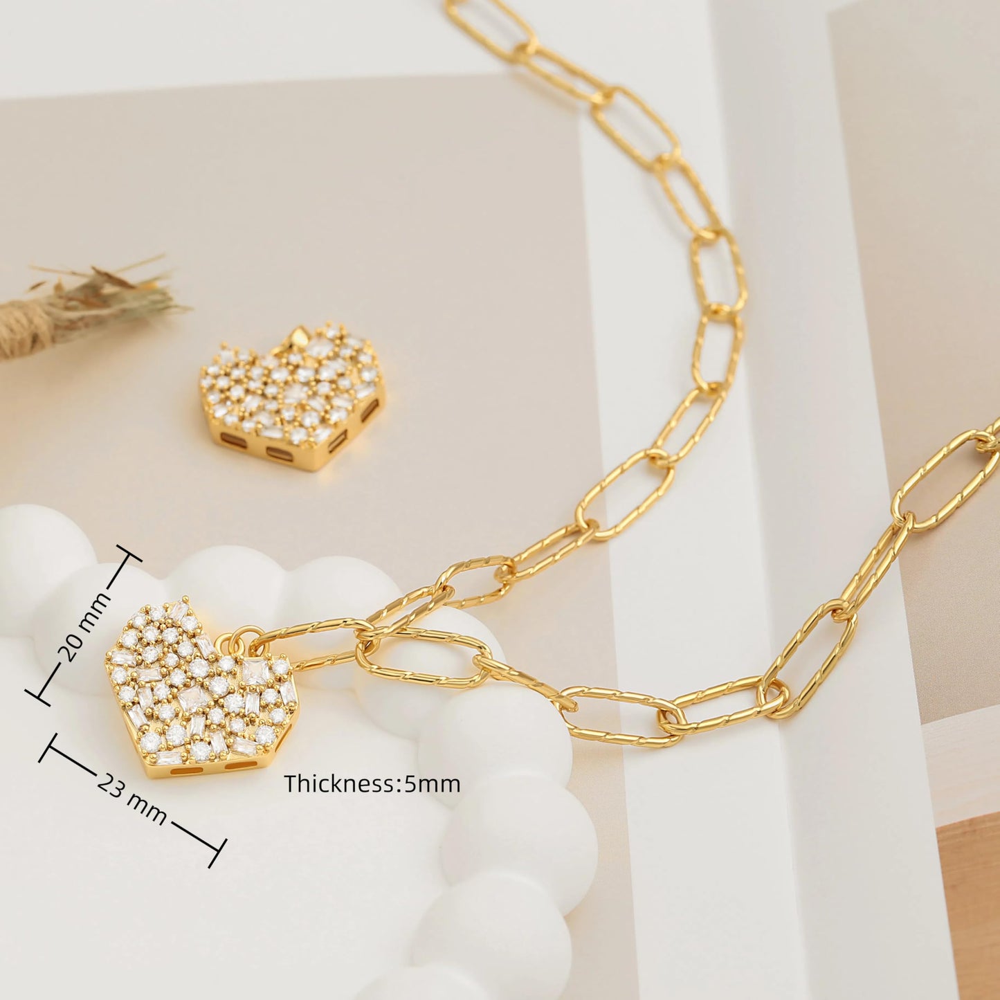 PEARLADA Statement Diamond Heart Necklace, Chunky 18k Gold Plated Paperclip Necklace for Women