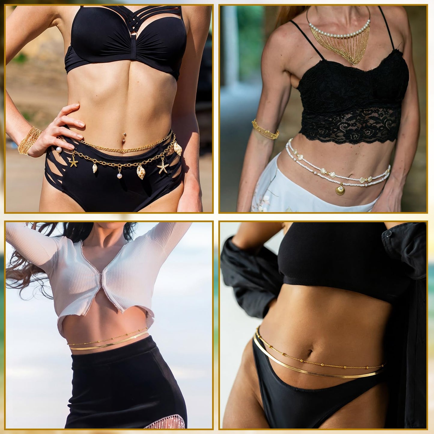 Lenwen 10 Pcs Boho Natural Starfish Shell Belly Chain for Women Summer Beach Seashell Waist Chain Multi Layered Body Pendant Jewelry for Summer Beach Vacation Bikini Jewelry Accessories