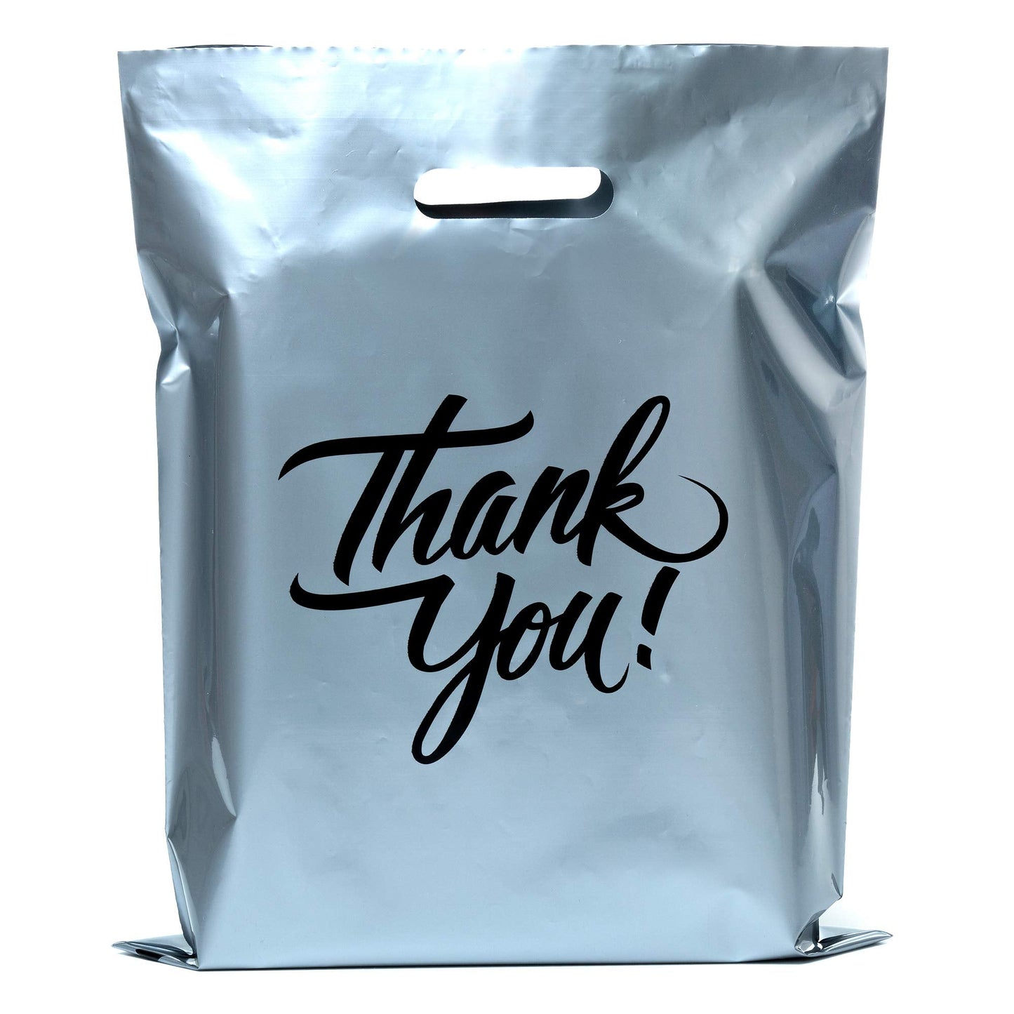 Infinite Pack Silver 16"x18"(500pcs) Thank You plastic Merchandise Bags Die-Cut Handles, Perfect for Retail Shopping, Boutiques, Goodie bags, and Gift Packaging & Favors, 1.75MIL Reusable Plastic Bag