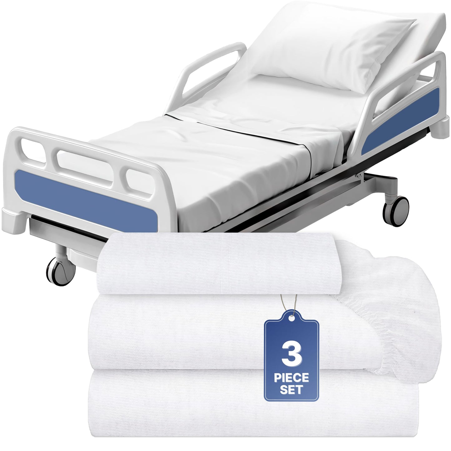 3 Piece Hospital Bed Sheet Set, Soft Jersey Knitted T-Shirt Quality, 1 Flat, 1 Fitted, 1 Pillowcase