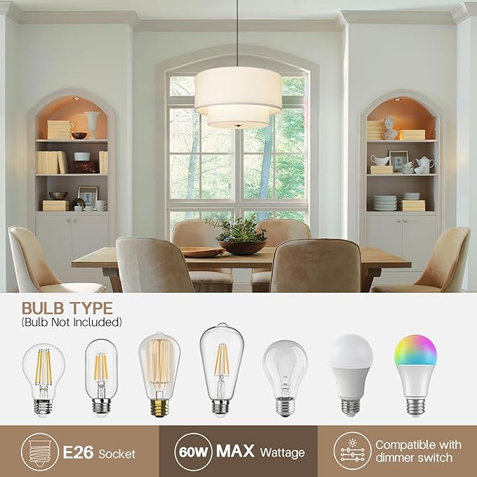 18" Drum Fabric Pendant Light, Large Modern Hanging Ceiling Chandelier Fixture with Dual Layer Fabric Shade, Ideal for Dining Room, Living Room, Bedroom, and Kitchen