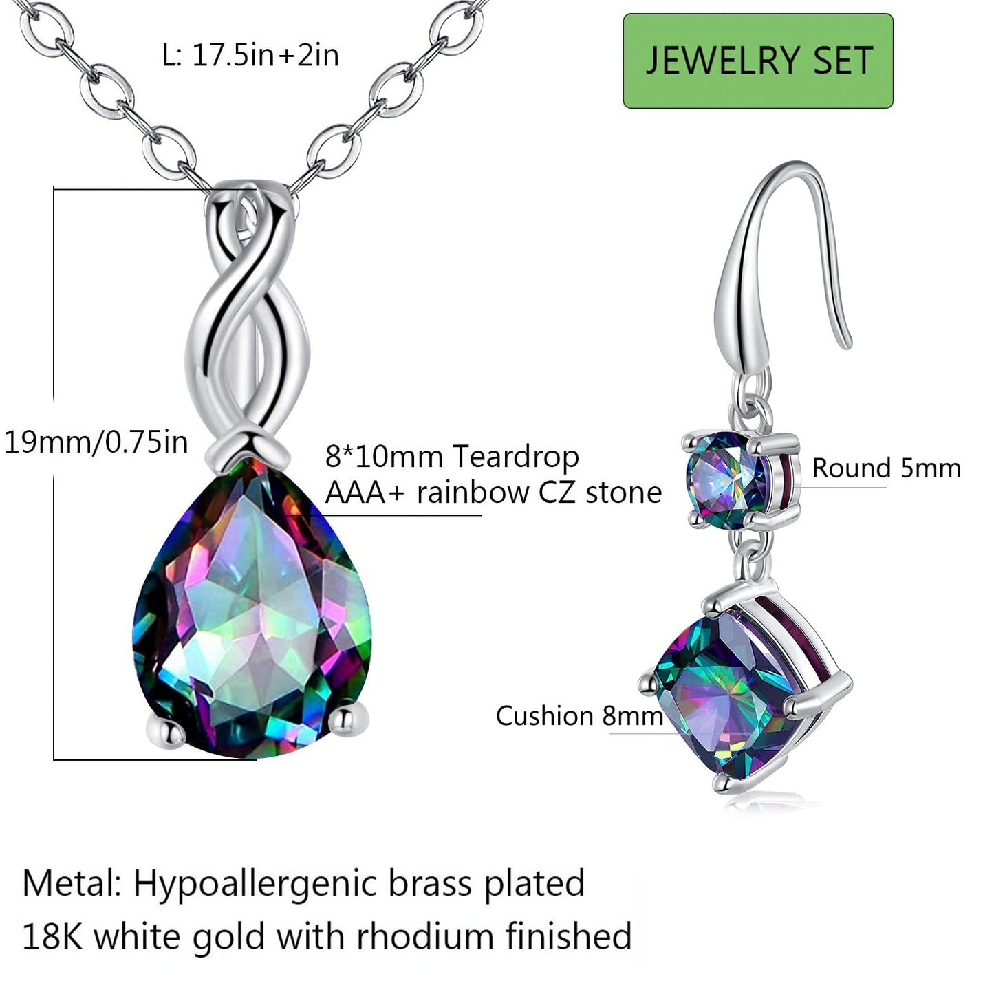 VOLUKA 18K White Gold Plated Created Rainbow Mystic Quartz Teardrop Pendant Necklace and Dangle Earrings Drops Jewelry Set for Women