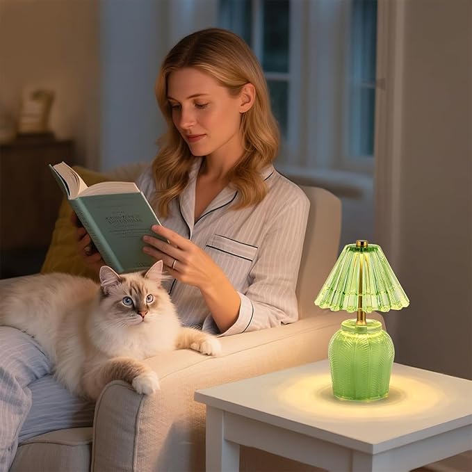 Small Battery Operated Lamp with Timer, Tiny Cordless Glass Table Lamp for Home Decor, Kitchen, Bathroom, Birthday Gift for Women, Cream Green
