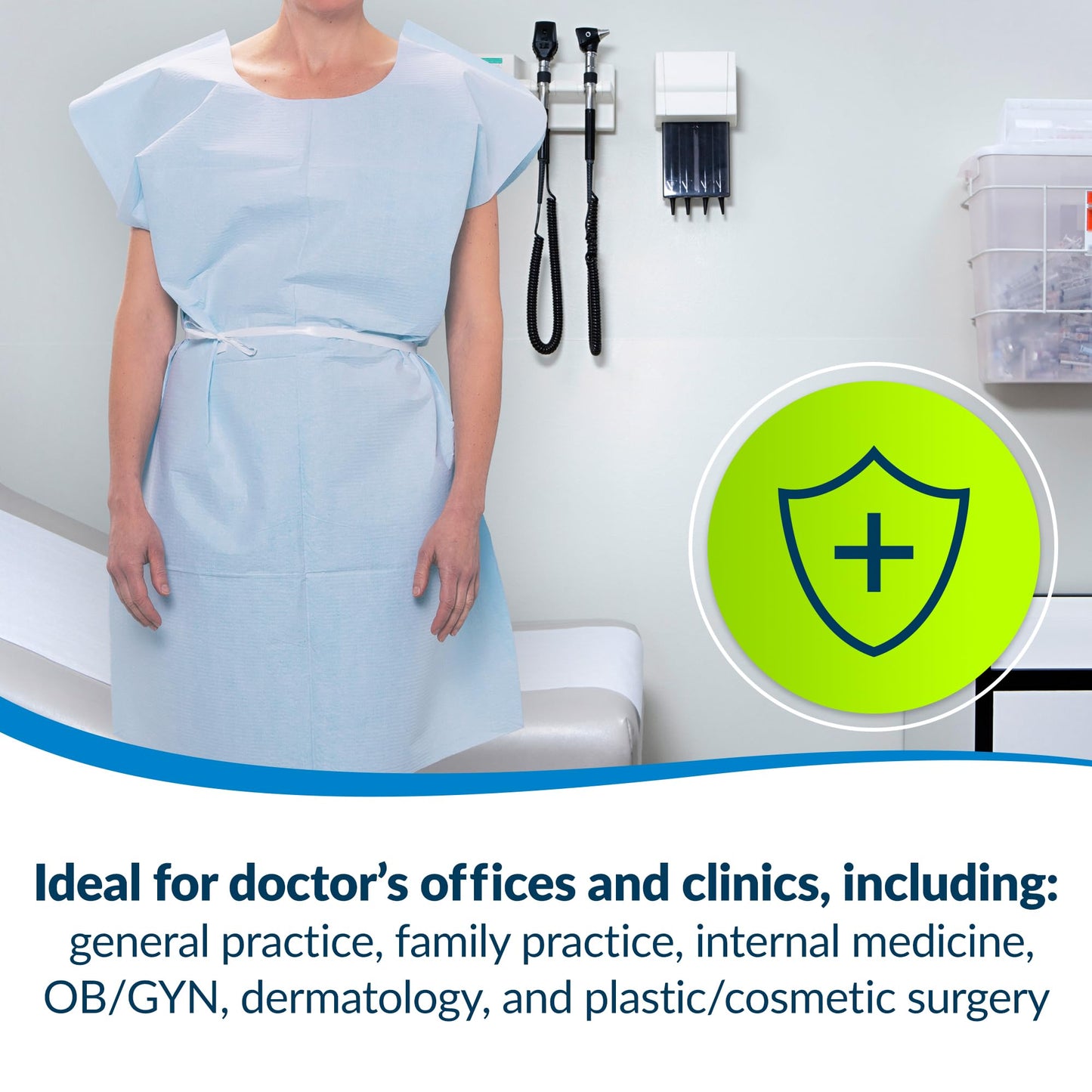 Avalon 813 Patient Gowns, Blue (Pack of 50) ― Tissue/Poly/Tissue ― Open-Back, Waist-Tie, Short-Sleeve Medical Gowns ― Disposable Exam Gowns ― Standard Size 30” x 42” ― Latex-Free Medical Supplies