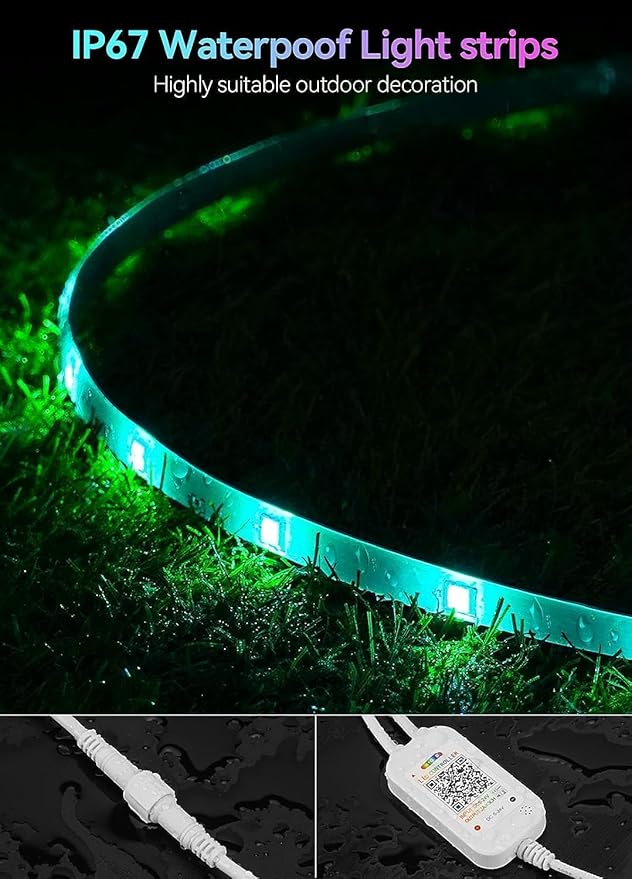 53FT Continuous RGB+IC Outdoor Led Strip Lights Waterproof with RF Remote & Bluetooth Music Sync App Control, Long Color Changing LED Rope Lights,IP67,24V (RGB+IC, 53FT)