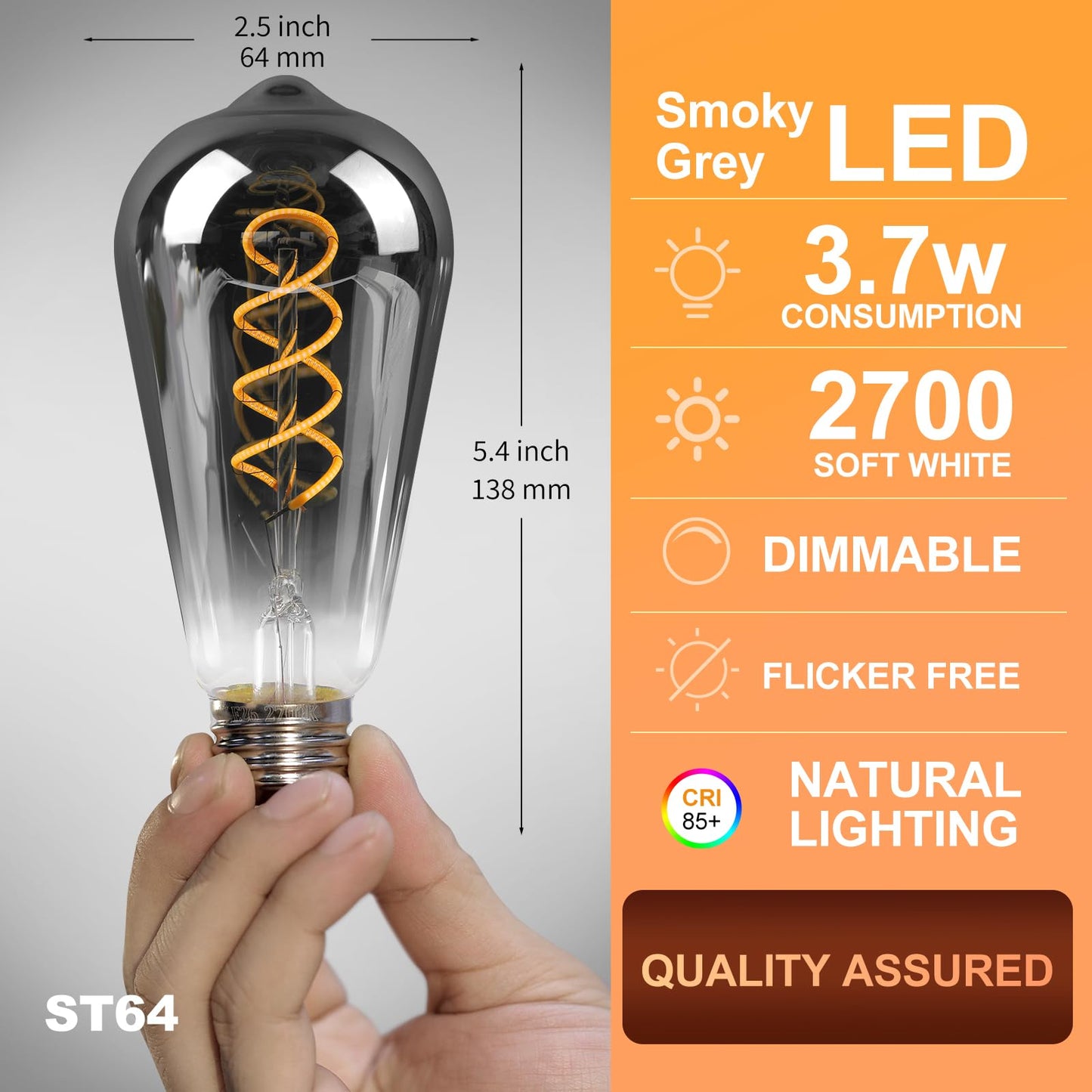 Decoaui E26 ST64 Vintage Edison Light Bulbs, Smoky Grey Coated Glass, Dimmable, 4W(20W Equivalent) 150 Lumens, 2700K Soft White, Spiral Filaments Design, Antique Style, 25000 Hrs, 6-Pack