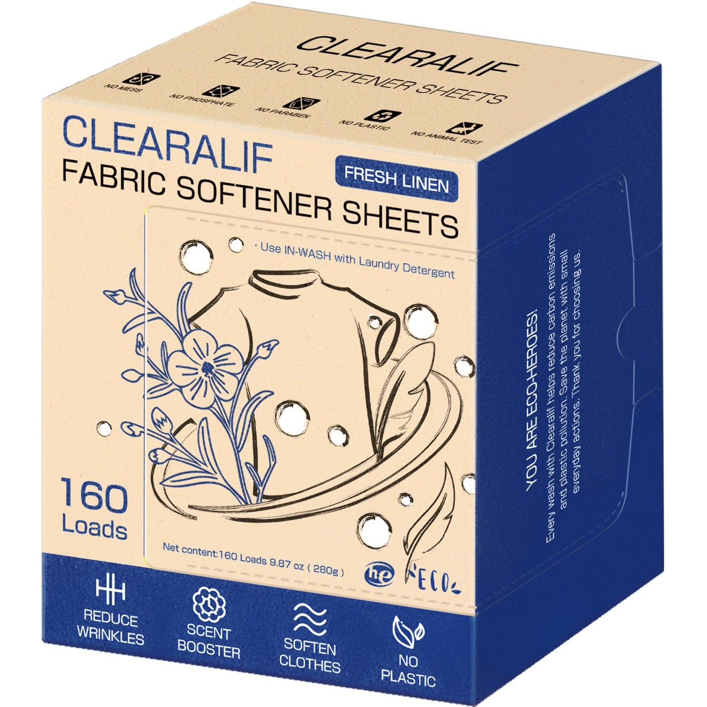 CLEARALIF laundry Fabric Softener Sheets, Fresh Linen Scent, 160 Loads, Eco Friendly, Great For Travel, Apartments, Dorms.