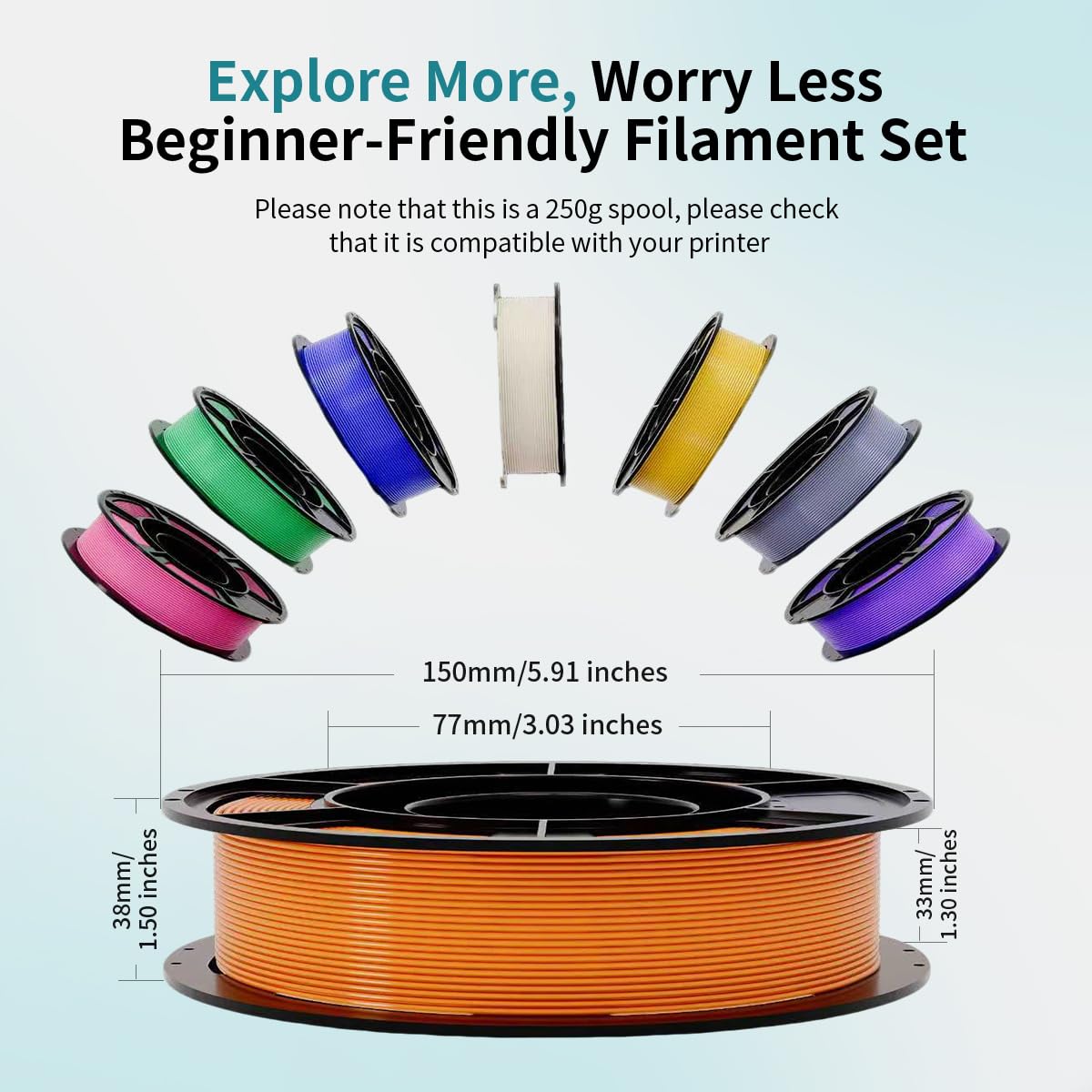 PLA+3D Printer Filament 1.75mm Bundle, Individually Vacuum Packed, Multicolor Dimensional Accuracy +/- 0.02mm, 0.25kg per Spool, 8 Pack, 2KG Total