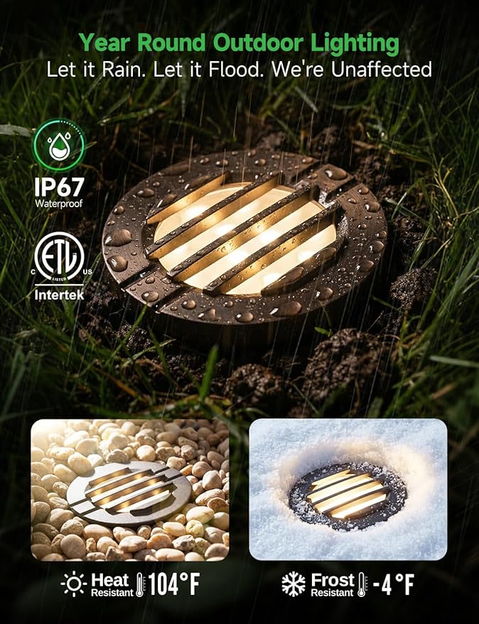 Landscape Well Light Kit, 8 Pack Low Voltage In Ground Lights and 100W Transformer and 100FT Cable and 30 Wire Connectors, IP67 Waterproof Outdoor, Grill Top Aluminum for Path Tree