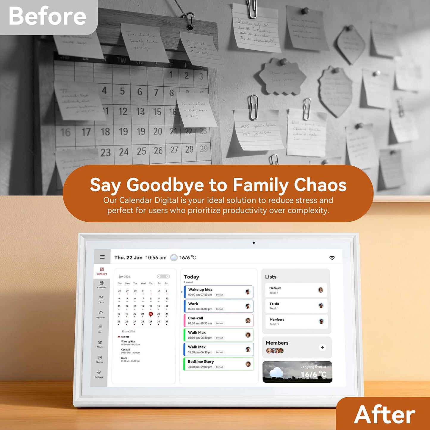 15.6 Inch Digital Calendar，Smart Touchscreen Interactive Display for Family Schedules，Chore Charts, Achievement Rewards,Meal Planner, to Do List，Wall & Desk Mount Smart Electronic Planne