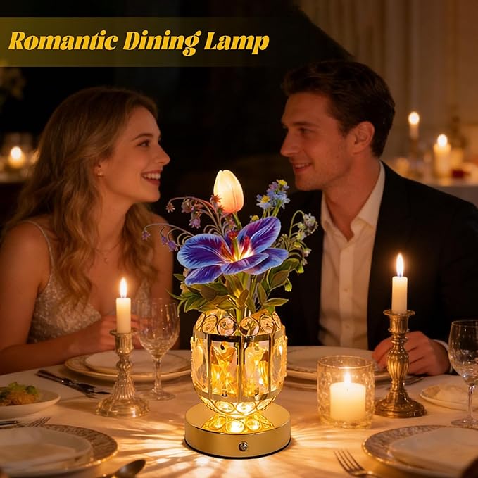 Flower Crystal Table Lamp, 3-Color Dimmable Small Night Light, Rechargeable Cordless Touch Lamp, Artificial Flowers Light for Bedroom Home Decor, Great Gifts for Mom Women Friends (Purple)