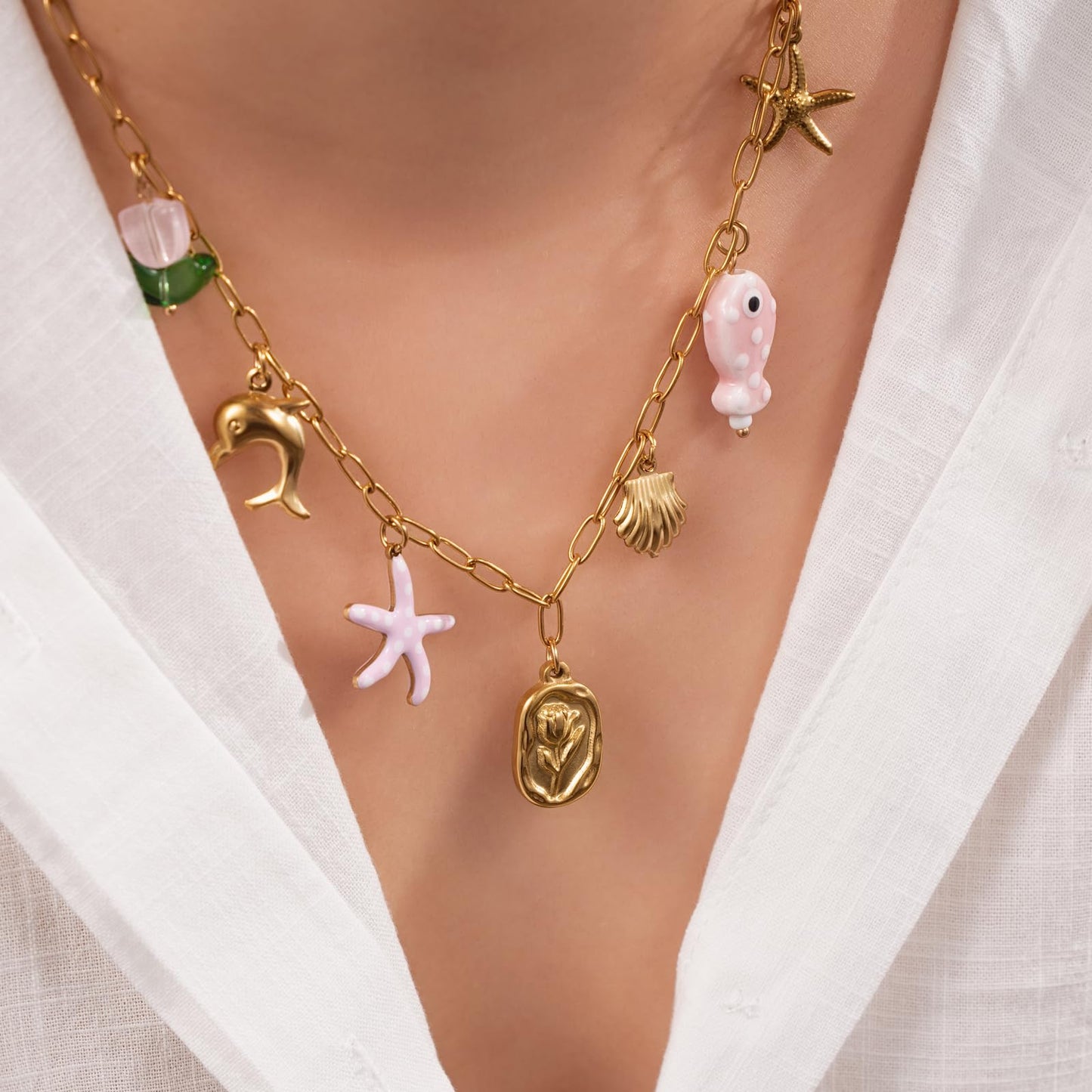 Chunky Gold Necklace Statement Boho Beach Ocean Summer Stainless Steel Jewelry Shell Starfish Turquoise Dolphin Pearl Sun Flower Wave Heart Fish Charm Choker Necklaces for Women(Flower)
