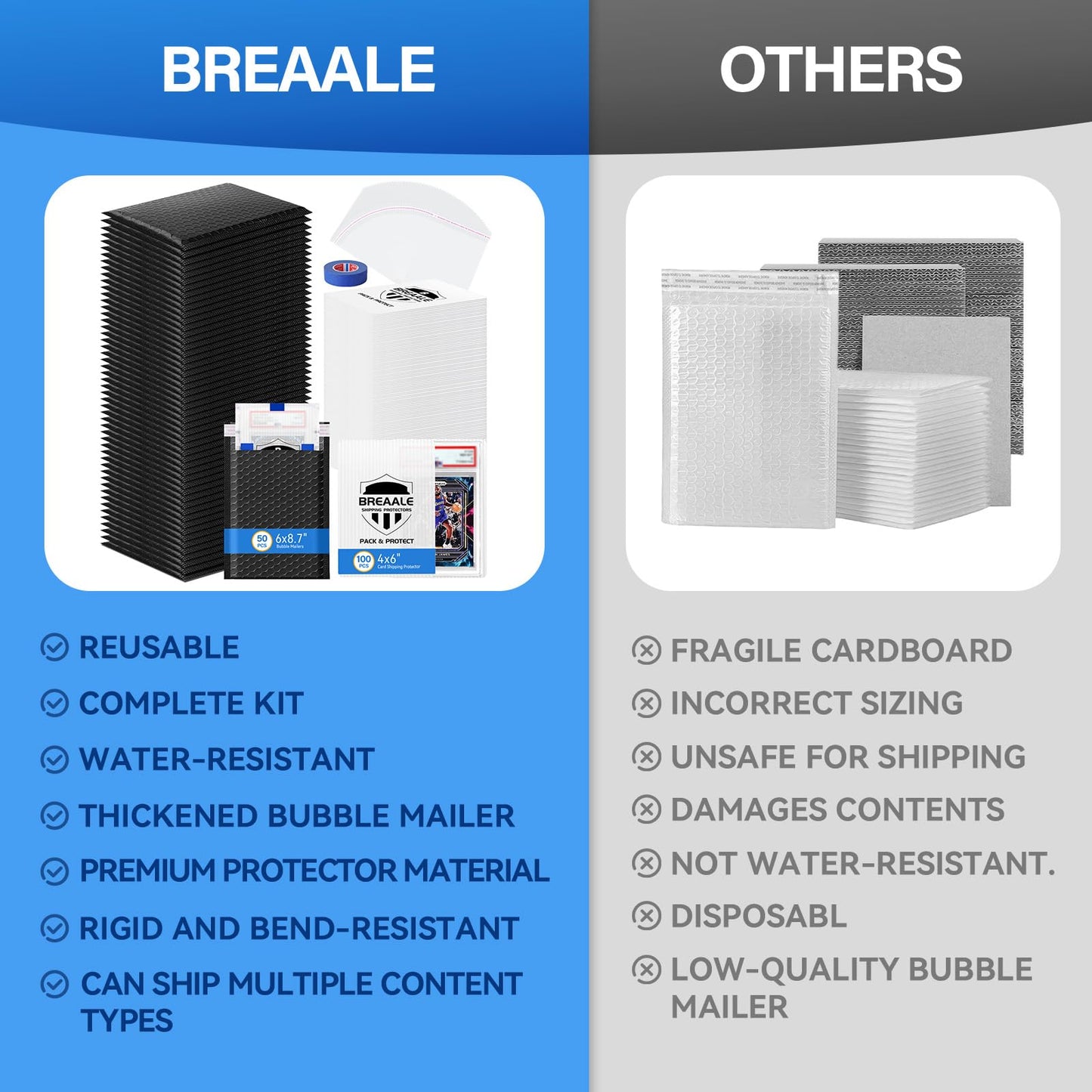 BREAALE Trading Card Shipping Kit, Includes 100 4'' x 6'' Graded Card Shipping Protectors, 50 6'' x 8.7'' Envelope Bubble Mailers, 20M Painter’s Tape, 50 Cellophane Bags, PSA BGS CGC Slabs & Raw